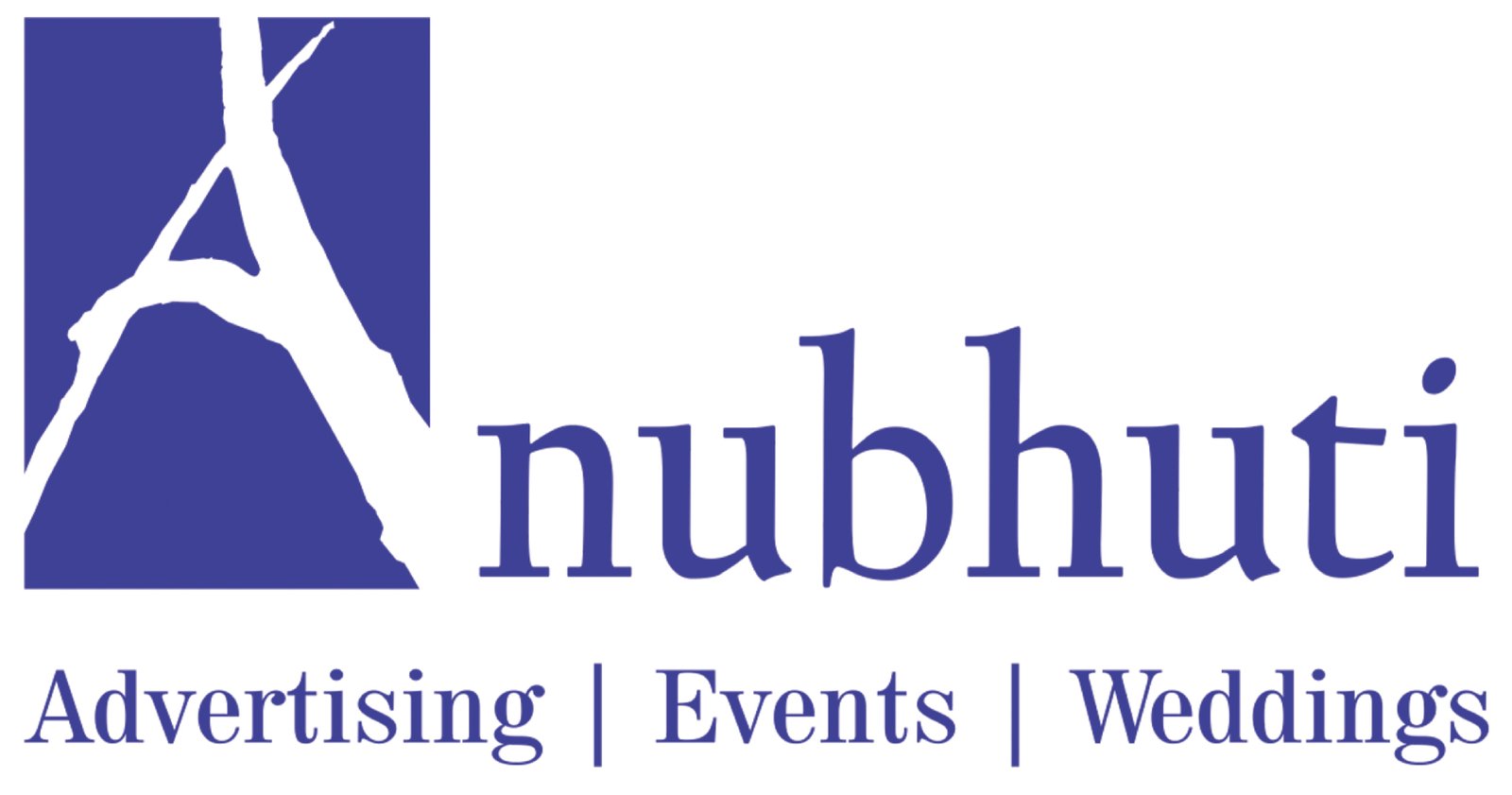 Anubhuti logo with blue letter A and text Advertising | Events | Weddings in elegant style