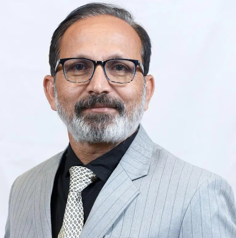 Portrait of Ravi Wadje, middle-aged man with glasses, gray beard, wearing a light gray pinstripe suit, black shirt and patterned tie, professional studio photo